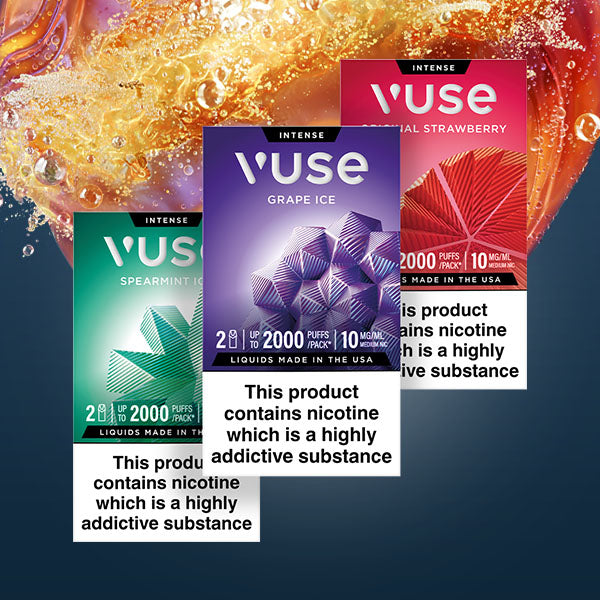Three Vuse vape product boxes—Spearmint Ice, Grape Ice, and Crystal Strawberry—stand against a swirling, colorful liquid background. Each box displays a nicotine addiction warning at the bottom.