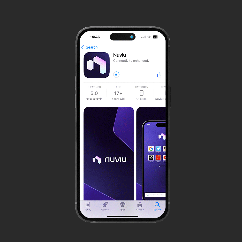 A smartphone displays the Nuvíu app page in the App Store, showing its logo, a 5-star rating, age rating of 17+, and preview images with a purple-themed interface and the Nuvíu logo.