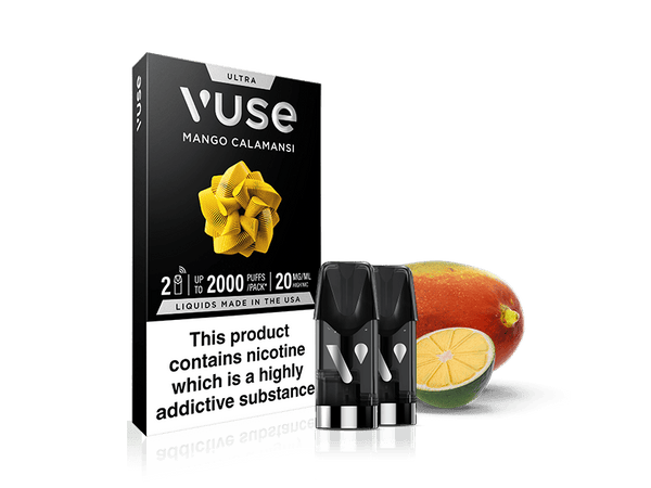 A Vuse Mango Calamansi Ultra Smart Pod box is displayed with two pods in front, a mango and calamansi behind. The box warns of highly addictive nicotine. Experience bold vaping with Vuse.