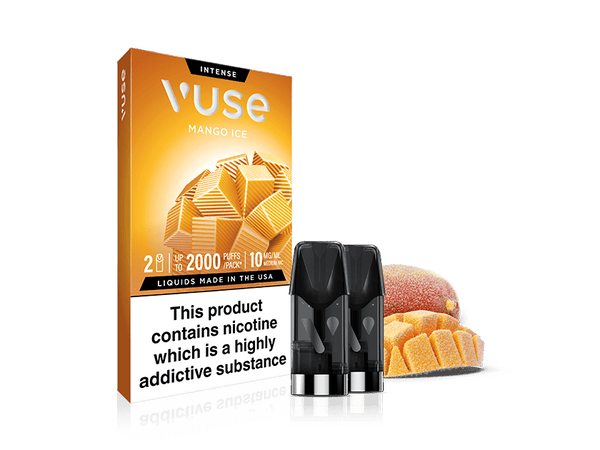 A box of Mango Ice Vuse Extra Intense Flavour Pods by Vuse, compatible with Vuse PRO devices, is shown with two pre-filled pods and fresh mango slices. The packaging displays warnings about nicotine addiction.