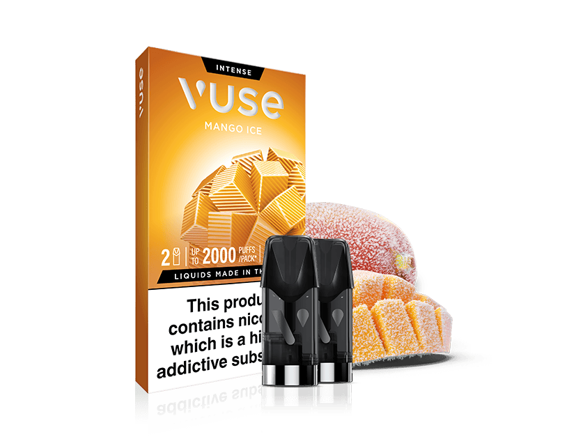 A Vuse Mango Ice vape pod package is shown with three pods in front. The background features a sliced mango and mango jelly candies. The package includes a nicotine warning label.