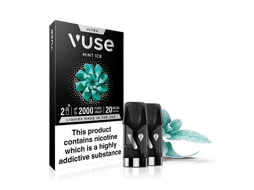 A Vuse Mint Ice Ultra Smart Pod box appears with two pods and a mint leaf, emphasizing a refreshing vape. The packaging states: "This product contains nicotine which is a highly addictive substance.