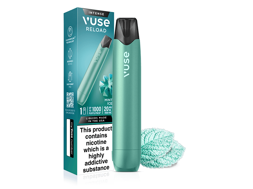 A Vuse Mint Ice Aqua Vuse Reload Pen stands beside its box, showing product info and a nicotine warning. In front are two mint leaves and the reusable device with its Mint Ice prefilled pod.