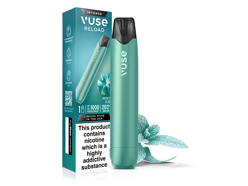 A teal Vuse Reload vape device stands next to its matching box labeled Mint Ice. Mint leaves are in the background, and a nicotine warning label appears on the box’s lower front.