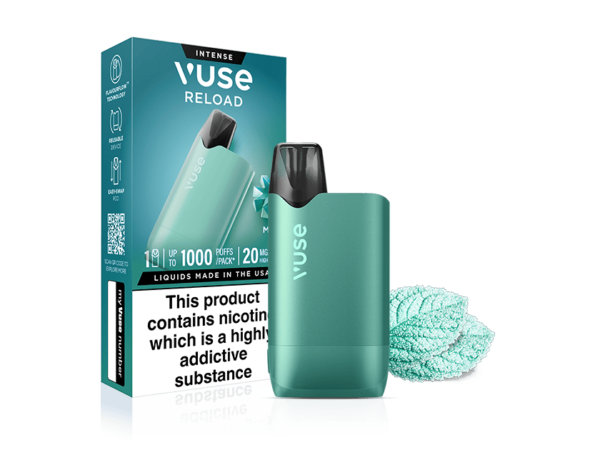 A Mint Ice Vuse Reload Box reusable vape by Vuse is displayed beside its premium device packaging, featuring product info. A mint leaf highlights the Mint Ice pod, while a warning label states the product contains nicotine.