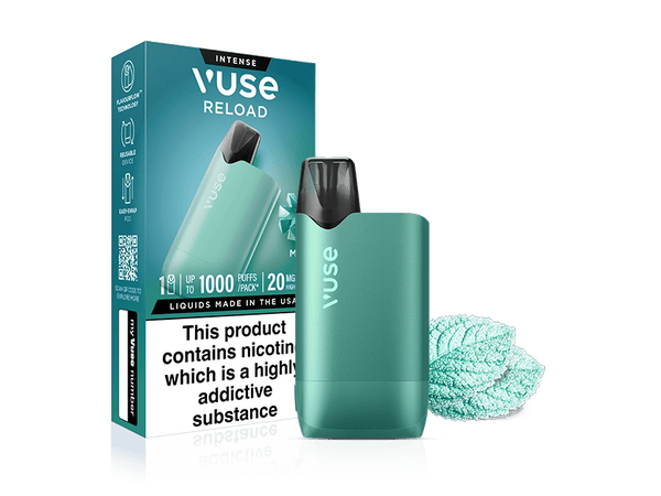 A Mint Ice Vuse Reload Box reusable vape by Vuse is displayed beside its premium device packaging, featuring product info. A mint leaf highlights the Mint Ice pod, while a warning label states the product contains nicotine.