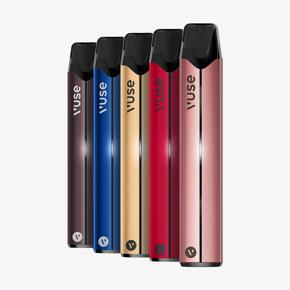 Five Vuse vape pens are standing upright in a row, displayed in different metallic colors: black, blue, gold, red, and rose gold, against a white background.
