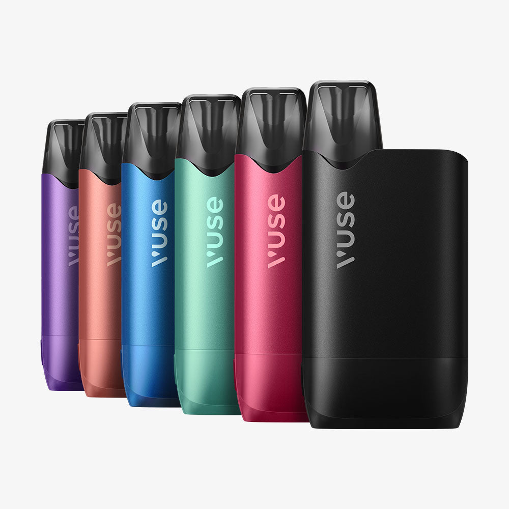 Six Vuse vape pens in a row, each in a different color: purple, bronze, blue, green, red, and black, displayed on a white background.
