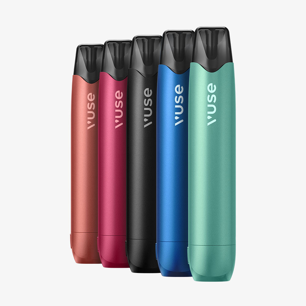 Five Vuse vape pens in metallic red, pink, black, blue, and teal, are standing upright in a row against a white background.