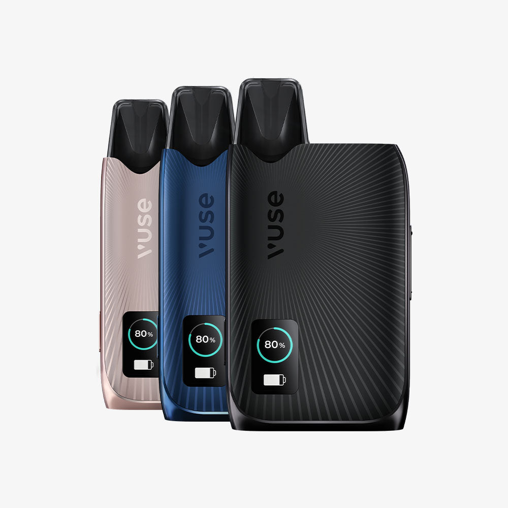 Three Vuse vape devices in rose gold, navy blue, and black colors, each displaying a circular digital screen showing an 80% battery level, arranged side by side on a light background.