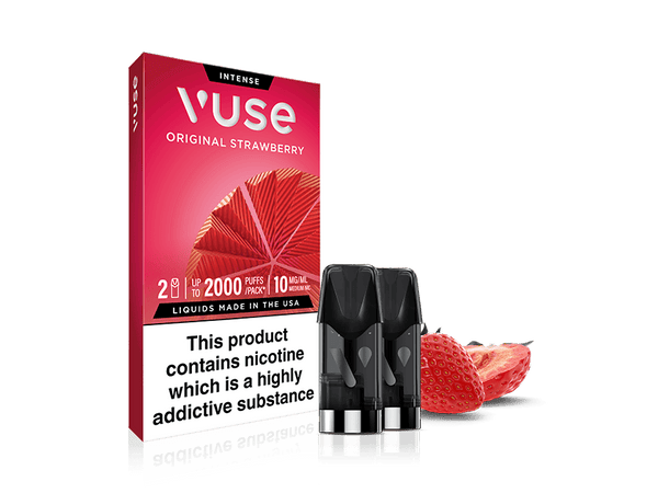A red Vuse Original Strawberry Vuse Extra Intense Flavour Pods box stands beside two strawberry-flavoured pre-filled pods and a sliced strawberry, with a visible nicotine warning label on the box. Brand: Vuse.