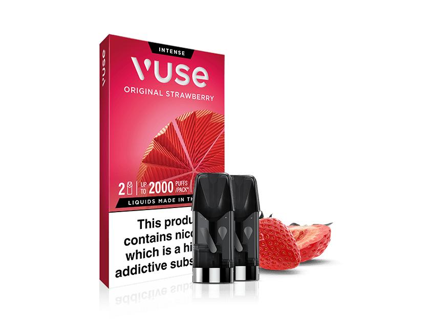 A Vuse Original Strawberry vape pod pack with two vape pods in front, a sliced strawberry, and a warning label stating the product contains nicotine and is highly addictive. The packaging is red with white text.