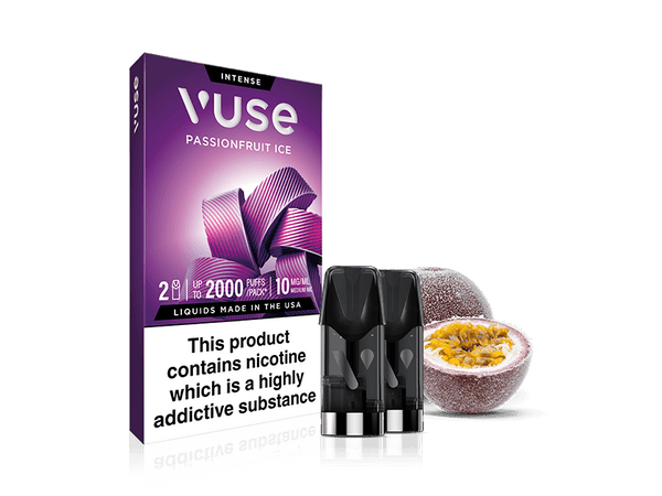 A box of Passionfruit Ice Vuse Extra Intense Flavour Pods by Vuse, with two pre-filled e-liquid pods in front and a halved passionfruit beside it. The box displays a nicotine warning label and is compatible with Vuse PRO devices.