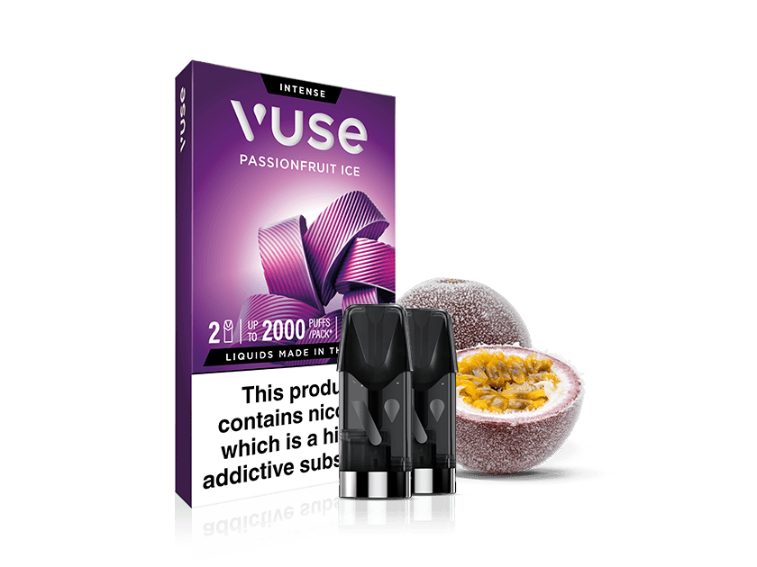 A Vuse Passionfruit Ice vape pod pack with three pods in front, alongside a halved passionfruit showing its yellow pulp. The packaging is purple and white, displaying a nicotine warning.