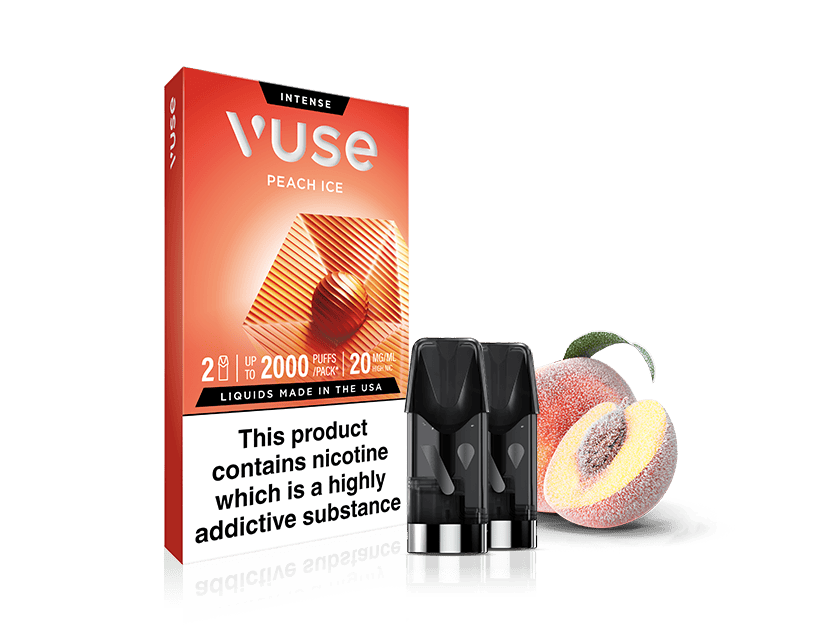 Peach Ice Vuse Extra Intense Flavour Pods by Vuse shown with two pods, a whole and sliced peach, and the packaging featuring a nicotine warning. Pre-filled e-liquid pods are displayed in front of the box.
