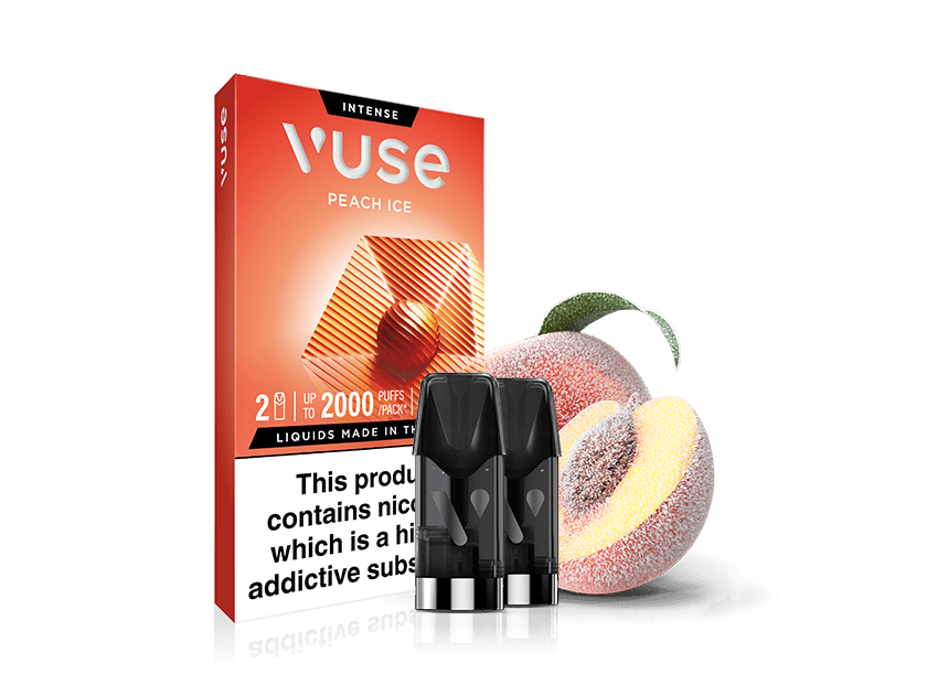 Vuse Peach Ice vape cartridge packaging with two black cartridges in front, a sliced peach, and a warning label about nicotine being an addictive substance. The packaging is orange with white and red accents.