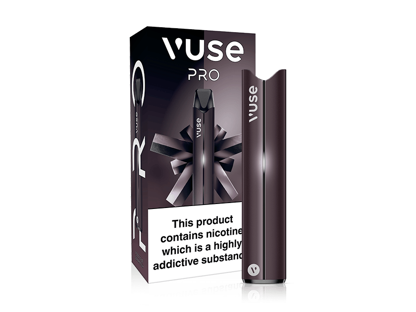 A Vuse Pro vape device stands next to its packaging, which features the product image and prominent text warning: This product contains nicotine which is a highly addictive substance.