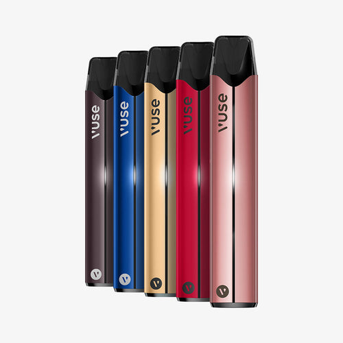 Five Vuse vape pens stand upright in a row, each in a different color: black, blue, gold, red, and pink, against a plain white background.