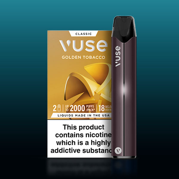 A Vuse Golden Tobacco vape device stands in front of its packaging box, which displays product details and a nicotine addiction warning on a blue gradient background.