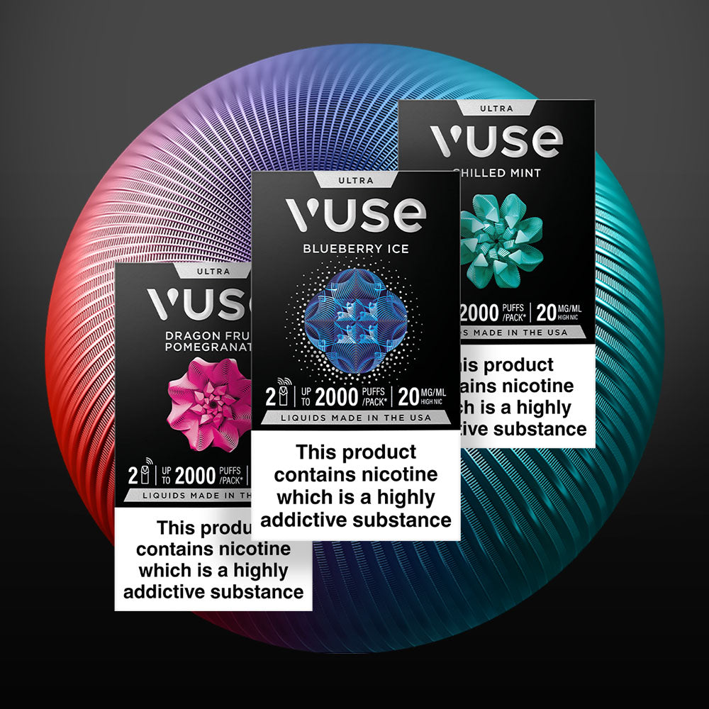Three Vuse vape product boxes—Blueberry Ice, Dragon Fruit Pomegranate, and Chilled Mint—stand in front of a colorful, textured circular background. Each box displays a nicotine addiction warning label.