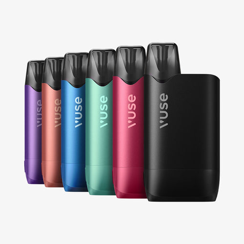 Vuse Reload Box devices in various colours on a white background
