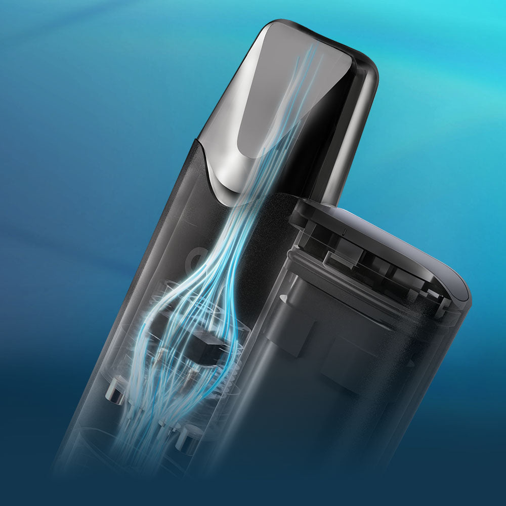 Close-up of a sleek, black electronic device with a partially transparent cover showing blue airflow lines inside, illustrating airflow or filtration, set against a blue gradient background.
