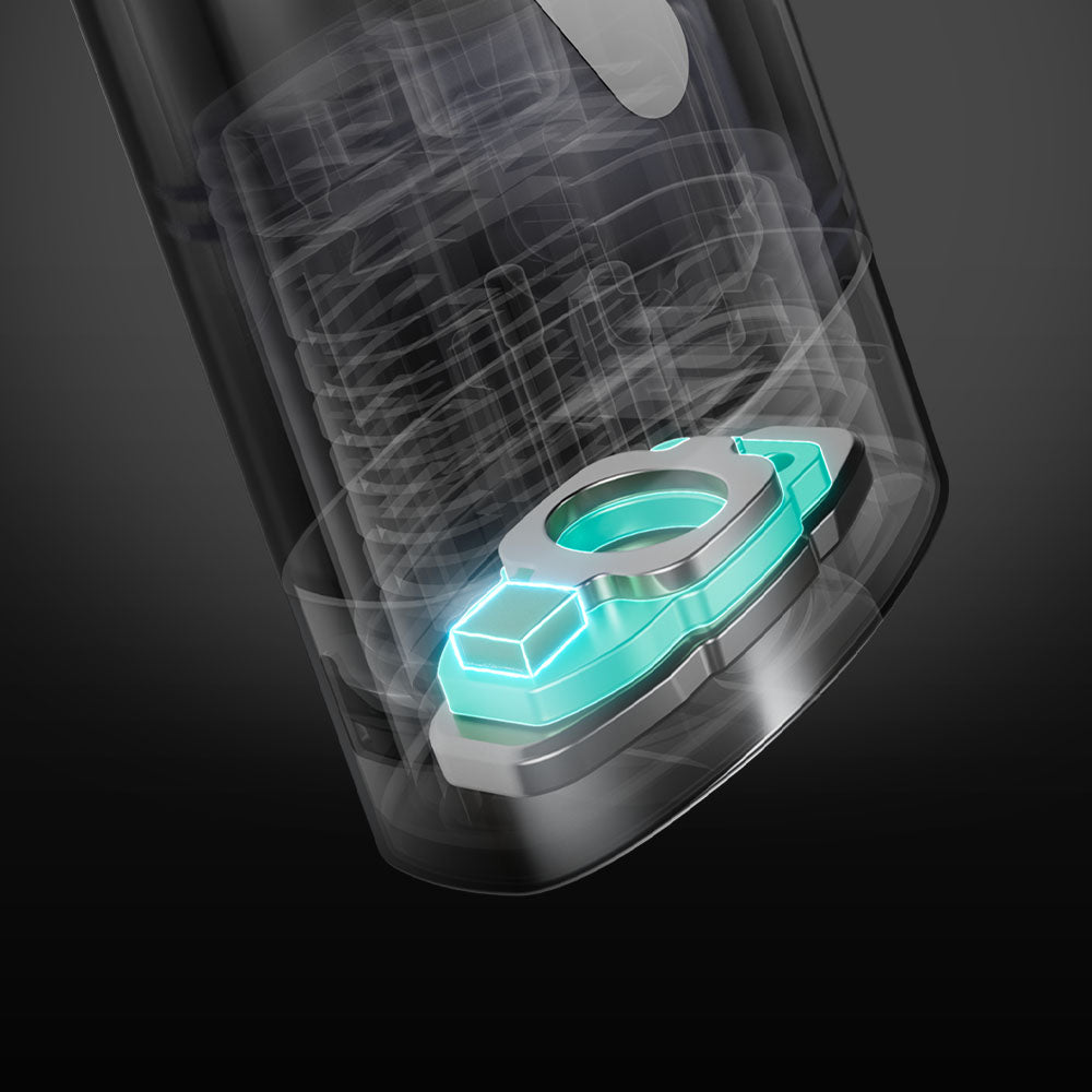 A digital rendering shows a close-up view of a transparent cylindrical device, revealing internal components with glowing blue highlights, suggesting advanced technology or battery innovation.