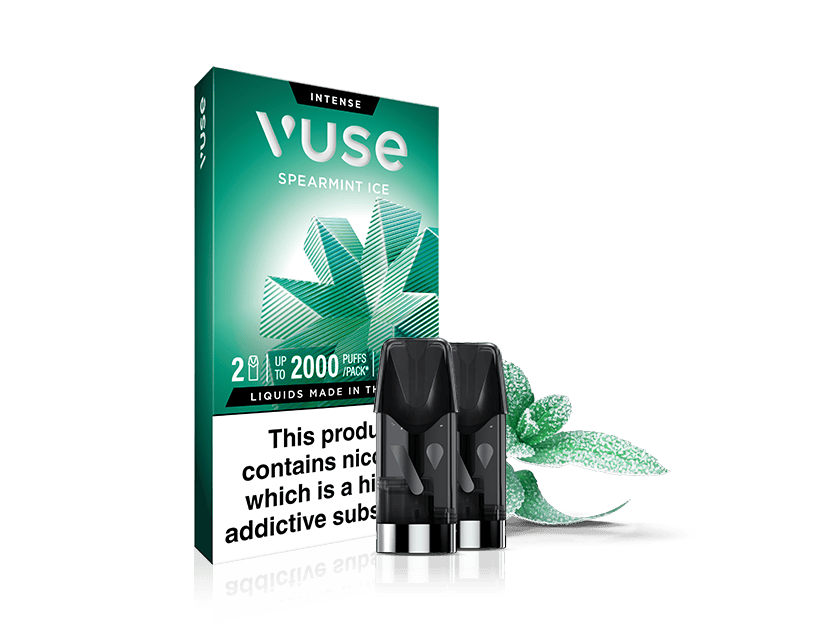 Vuse Spearmint Ice vape pod packaging with three pods in front. The green and white box features a mint leaf design and states up to 2000 puffs and a nicotine warning label at the bottom.