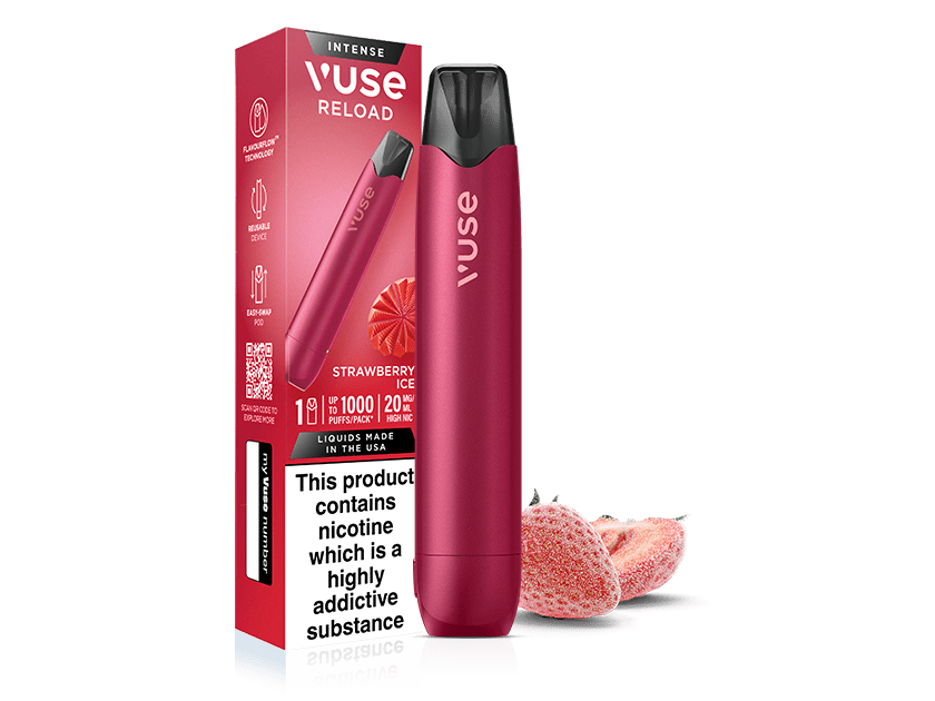 Red Vuse Reload vape device and its packaging labeled “Strawberry Ice,” with sliced strawberries beside them. The box has a nicotine warning label stating its a highly addictive substance.