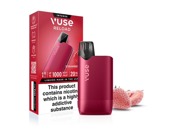 The image shows a Vuse Strawberry Ice Vuse Reload Box and device, with packaging that highlights the strawberry flavor, nicotine content, and a warning about nicotine addiction. Two sliced strawberries are also displayed.