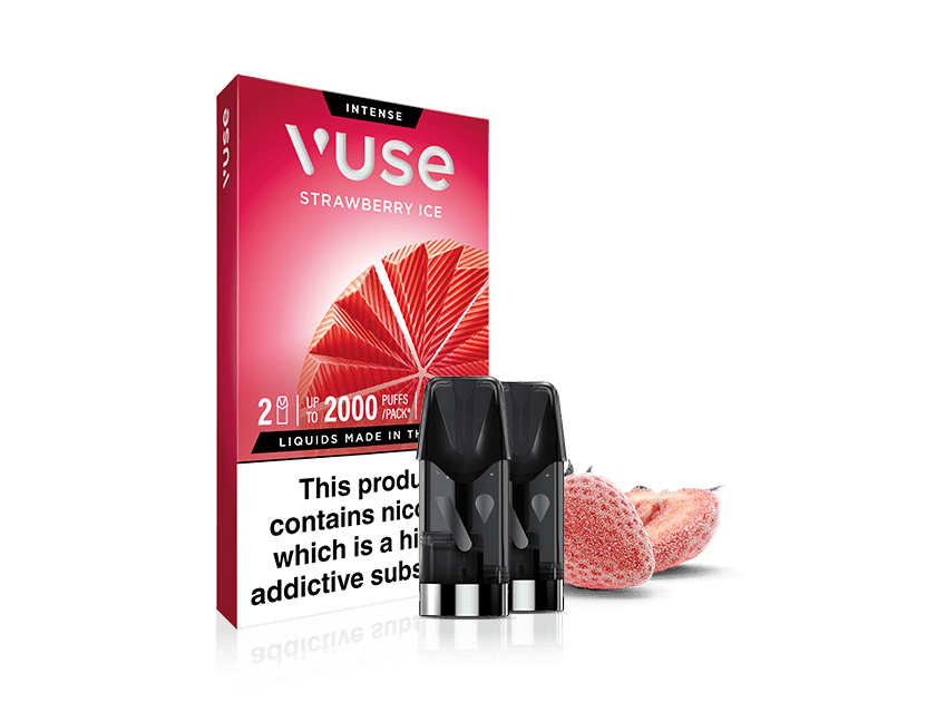 A Vuse Strawberry Ice vape pod pack is shown with two vape pods in front. The packaging is red with a sliced strawberry graphic, and a nicotine warning label is visible at the bottom. Two strawberry halves are beside the box.
