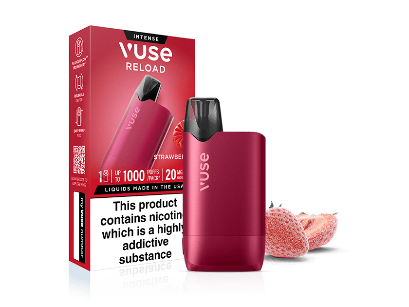A red Vuse Reload vape device and its box labeled Strawberry stand next to sliced strawberries. The box displays warnings about nicotine addiction and product details such as puffs, nicotine strength, and flavor.