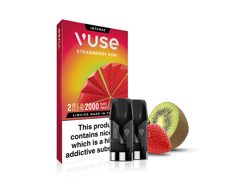 A Vuse Strawberry Kiwi vape pod pack is shown with two pods in front, alongside a sliced strawberry and kiwi, against a white background. The packaging warns that the product contains nicotine.