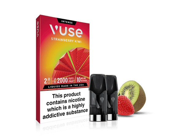 A pack of Strawberry Kiwi Vuse Extra Intense Flavour Pods sits behind three Vuse pre-filled e-liquid pods, with a sliced strawberry and kiwi to the right. The packaging states the product contains nicotine, an addictive substance.