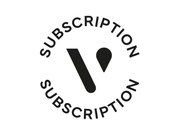Black text reading “SUBSCRIPTION” curves above and below a bold, black stylized “V” shape with a droplet on a light gray background, representing the Subscription Bundle from [PP] Vuse GB.