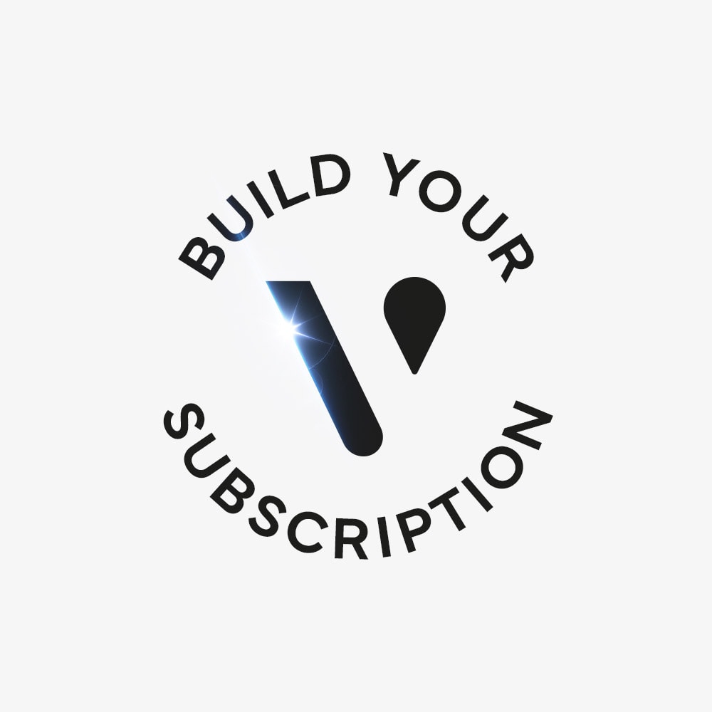 A circular logo with the text BUILD YOUR SUBSCRIPTION surrounding a stylized V shape with a shiny light effect on a plain white background.