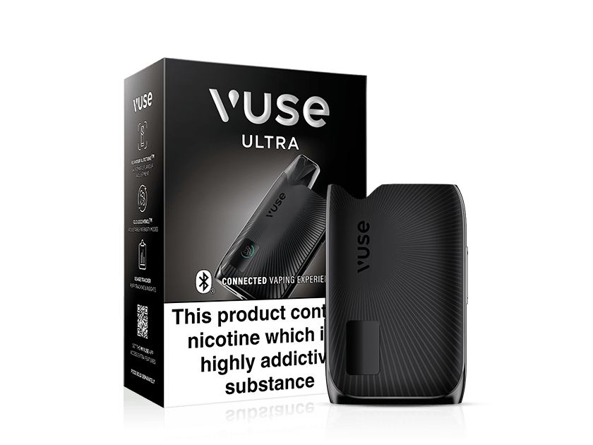 A Vuse Ultra vaping device is shown next to its black packaging box, which features the product name and a nicotine addiction warning label. The device and box both have a sleek, modern design.