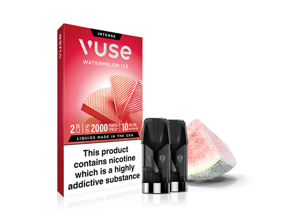 A box of Watermelon Ice Vuse Extra Intense Flavour Pods sits behind two pods and a watermelon slice. These Vuse pods are PRO compatible. The box warns: This product contains nicotine which is a highly addictive substance.