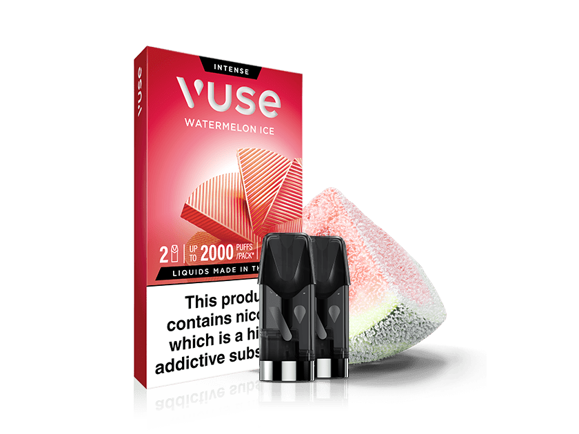 Vuse Watermelon Ice vape pods box with two pods in front; the box shows watermelon slices and text indicating 2000 puffs. A piece of watermelon candy is next to the box. Warning label mentions nicotine content.