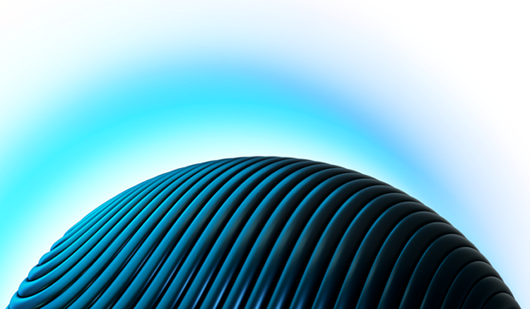 A dark, ribbed, semi-sphere shape is positioned at the bottom of the image, with a soft gradient background transitioning from white to blue, creating a futuristic and abstract effect.