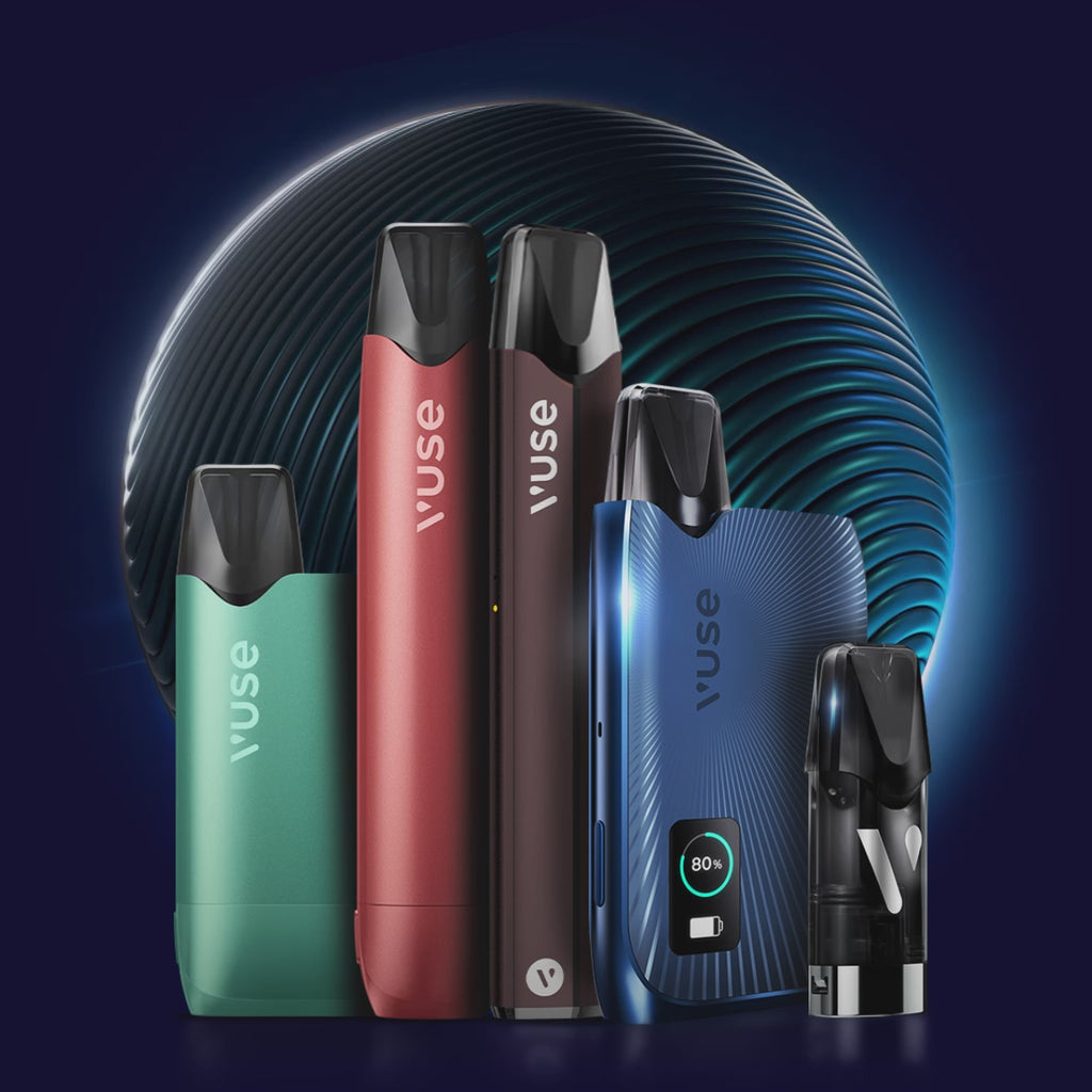 A variety of Vuse devices with a blue orb in the background 